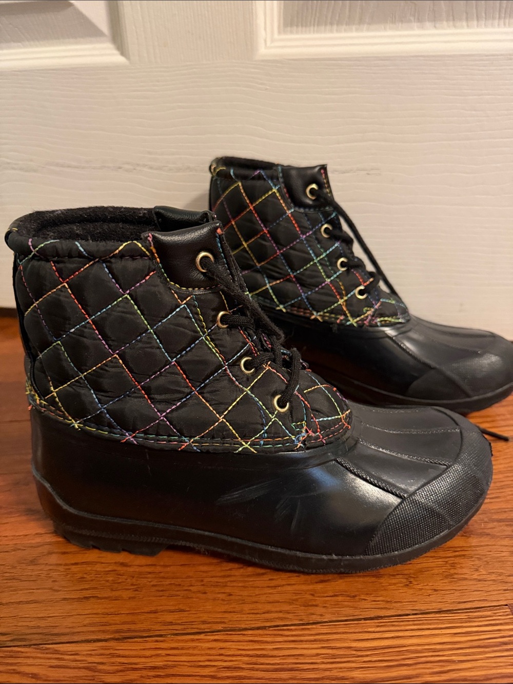 Kids Sperry Black Quilted Rain Boots with Rainbow Stitching